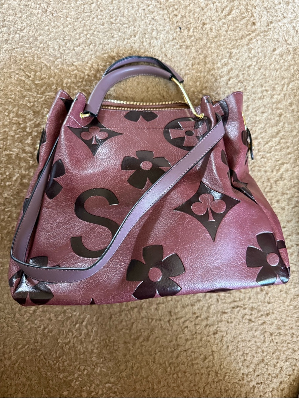 Source Unknown Mauve Shoulder Tote with Dark Brown Floral Motif